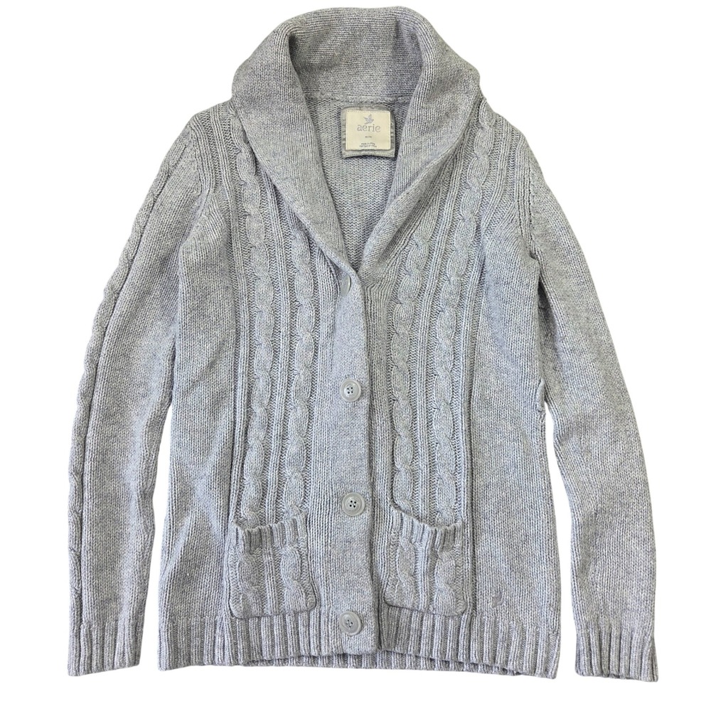 Aerie Womens Angora Rabbit Gray Cable Knit Shawl Collar Y2k Cardigan Sweater M